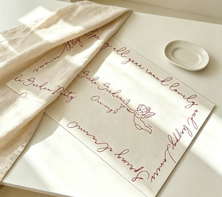 Vintage South France Hand-Drawn Angel Leather Placemat, Waterproof Oil Resistant Non-Wipe Clean Table Pad, Cream Style Decor Table Mat