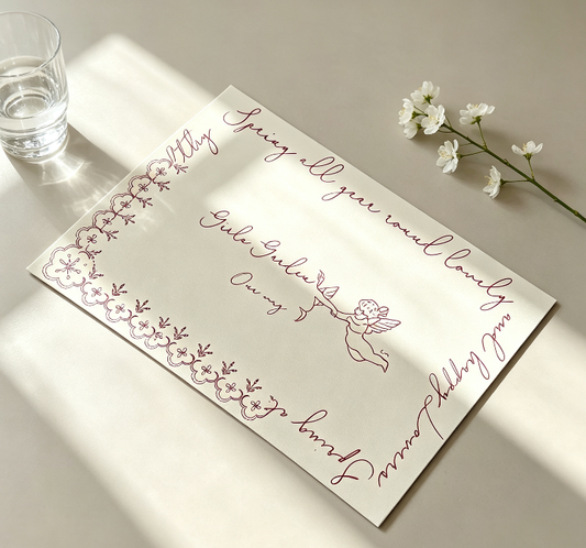 Vintage South France Hand-Drawn Angel Leather Placemat, Waterproof Oil Resistant Non-Wipe Clean Table Pad, Cream Style Decor Table Mat