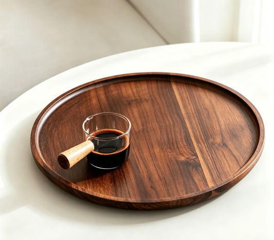 Japanese Round Solid Wood Tray, Walnut Tea Serving Platter, Coffee Shop Dessert Cake Plate Multi-Purpose Storage Wooden Tray for Home