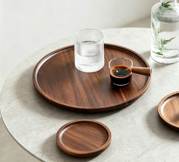 Japanese Round Solid Wood Tray, Walnut Tea Serving Platter, Coffee Shop Dessert Cake Plate Multi-Purpose Storage Wooden Tray for Home