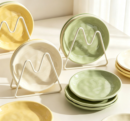 Pastel Macaron Wavy Ceramic Plate Set, Luxury Irregular Tableware, Fruit Cake Platter with Storage Stand for Cafe & Home